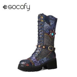 Socofy Retro Rivet Buckle Floral Embossed Leather Side zip Comfy Warm Lining Platform Mid Calf Boots