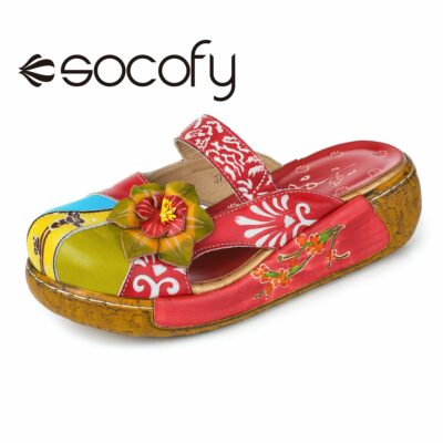 Socofy Summer Women Wedges Sandals Slippers Handmade Slides Hand painted Women Shoes Bohemian Retro Ethnic Sewing