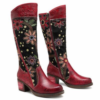 Socofy Vintage Patchwork Western Cowboy Boots Women Shoes Bohemian Genuine Leather Shoes Woman Mid calf Boots