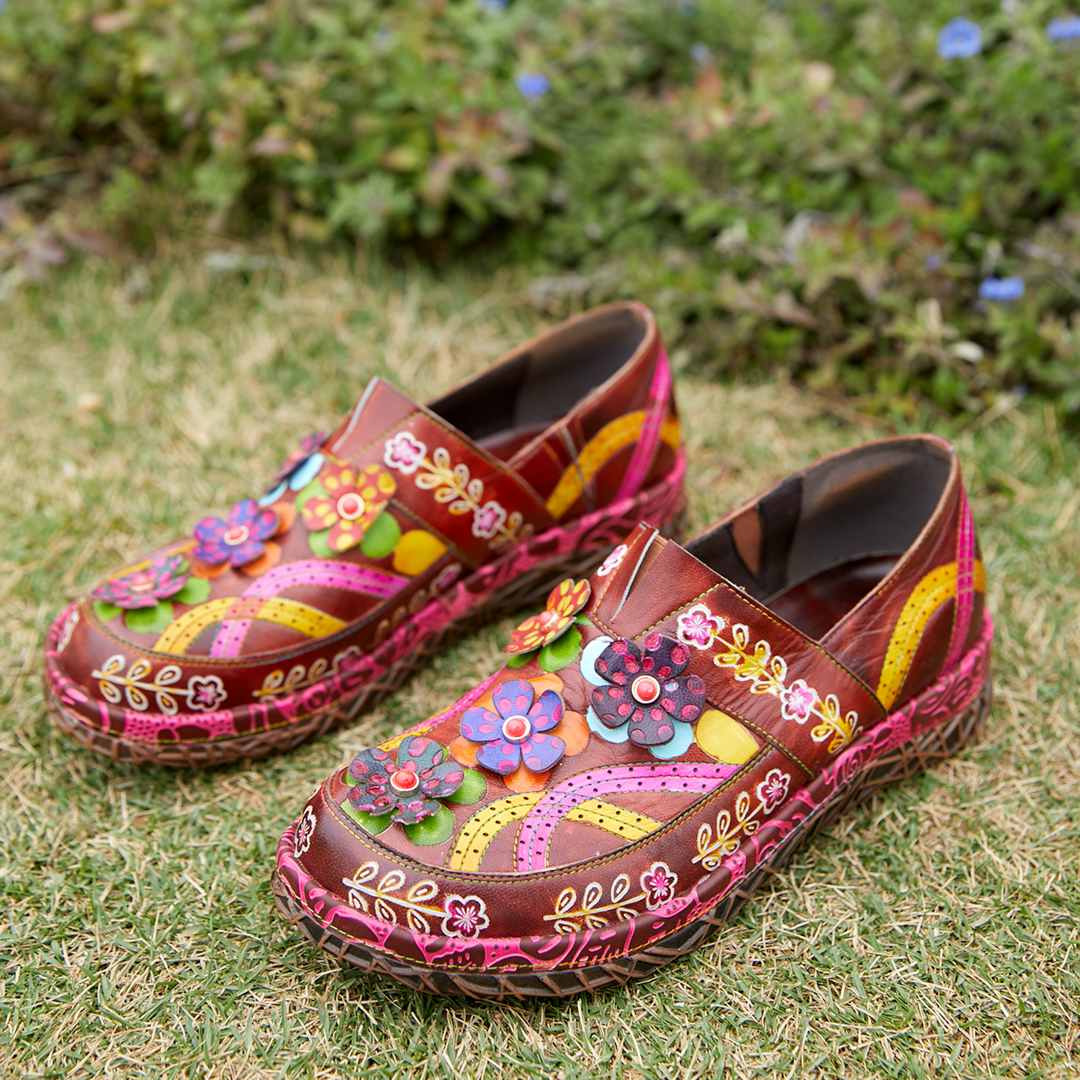 Buy Socofy Women Flats Shoes Genuine Leather Hand Made Shoes Retro Ethnic  Floral Embellished Elastic Slip-On Comfortable Flat Shoes Online In Ghana @  Shopwice