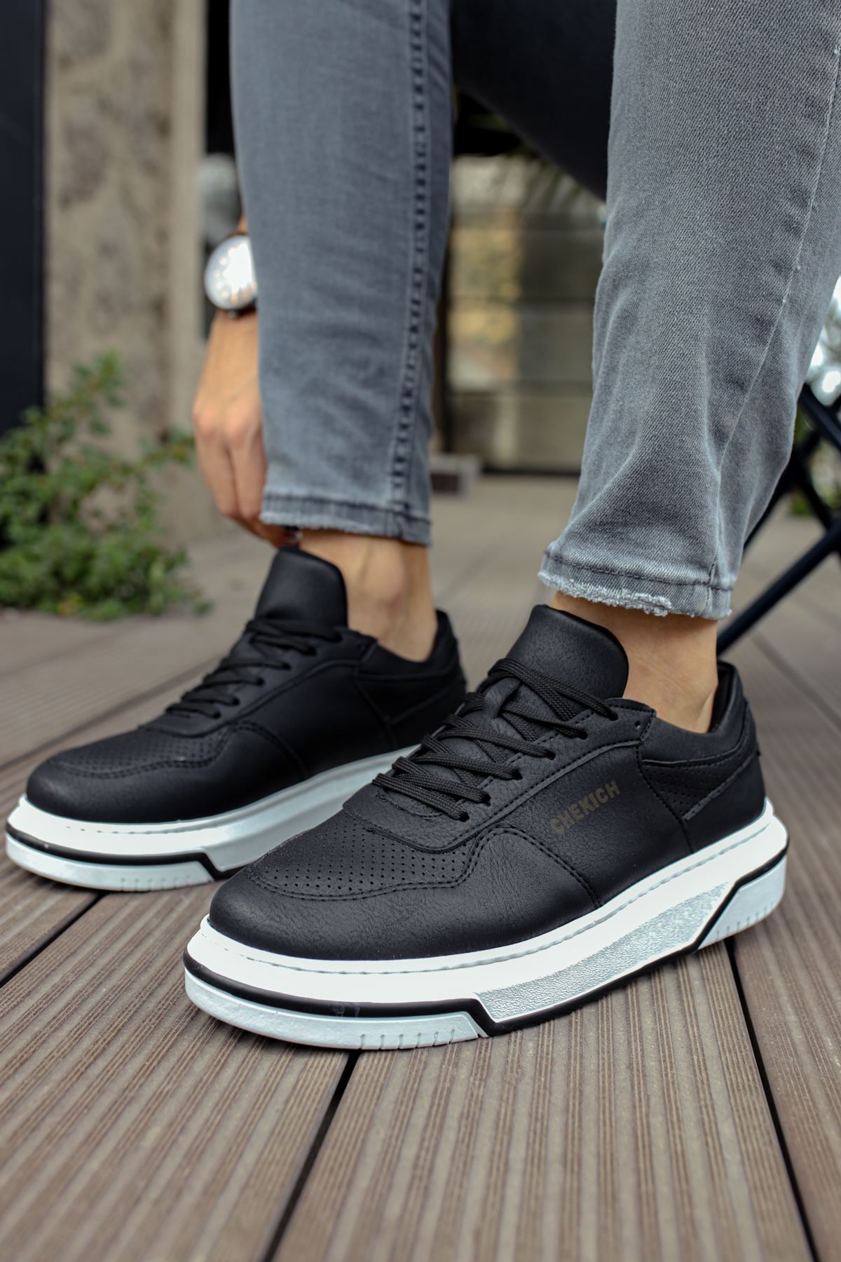 Chekich Men's & Women's Shoes Black Faux Leather Solid Color Lace Up Spring and Autumn Seasons Comfortable Sneakers Flexible Fashion 2021 Casual Odorless High Sole Orthopedic Lightweight Breathable Flat Suits CH075 V5