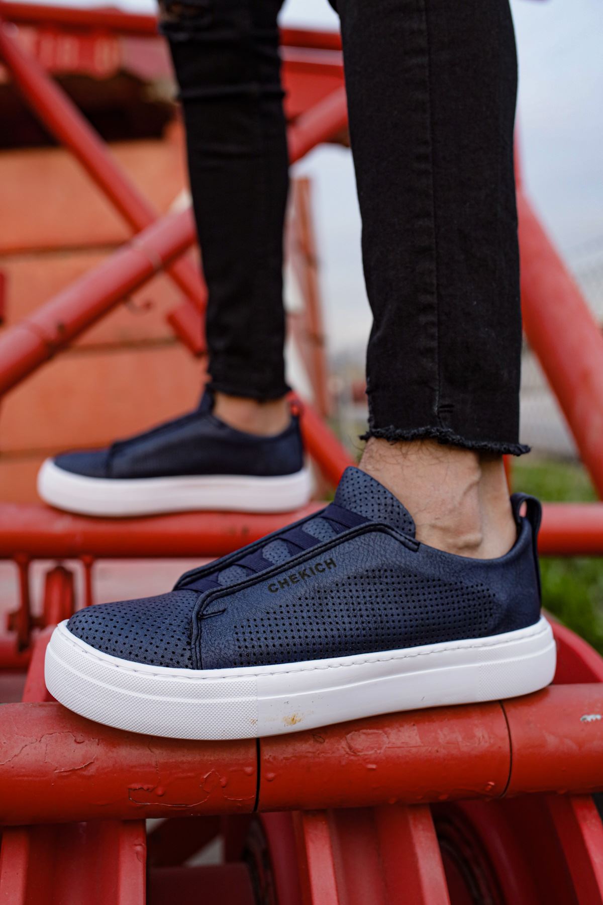 Chekich Men's Shoes Navy Blue Elastic Band Faux Leather Spring & Fall 2021 New Seasons Slip-On Casual Breathable Sneakers Odorless Comfortable Flexible Sewing Base Office Fashion Lightweight Suits Formal CH011 V5