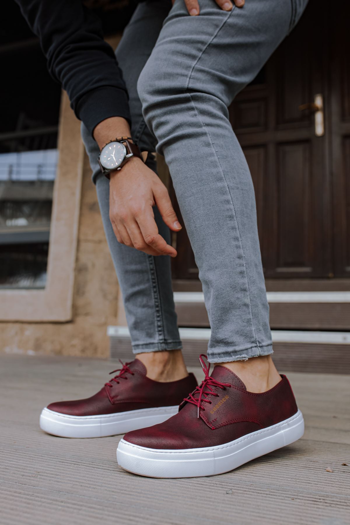 Chekich Men's Shoes Claret Red Faux Leather Laced Summer Season Sneakers Casual High Outsole Comfortable Flexible Fashion Wedding Suits Lightweight Sneakers Air Running Sewing Breathable CH005 V2