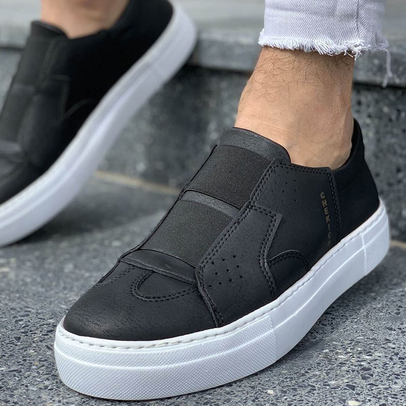 Chekich Men's Shoes Black Color Artificial Leather Elastic Band Closure Type Spring and Autumn Casual Unisex Solid Sewing Sole Flat Wedding Suits Formal Walking Lovers Footwear Comfortable Sneakers Flexible CH033 V6