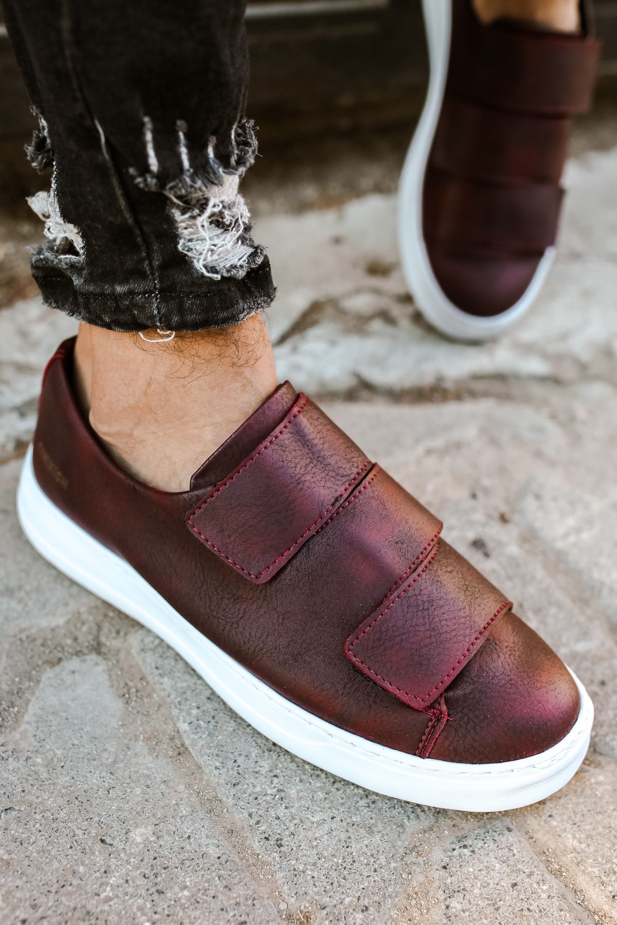 Chekich Men Casual Sneakers Claret Red Artificial Leather Sport Shoes Velcro Style Daily Lightweight Sewing and Light Base Design Odorless Comfortable 2021 Summer & Autumn Fashion Flats Suits Wedding CH007 V3