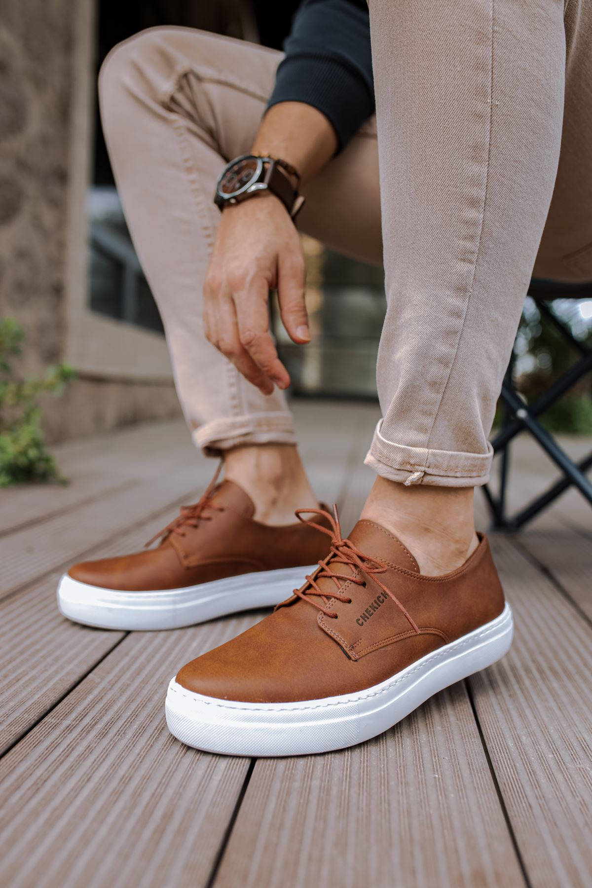 Chekich Men's Shoes Tan Color Artificial Leather Lace-Up Summer 2021 Fashion Sneakers Casual Vulcanized Material Wedding Office Solid Brown Footwear Lightweight Air Comfort Breathable CH005 V5