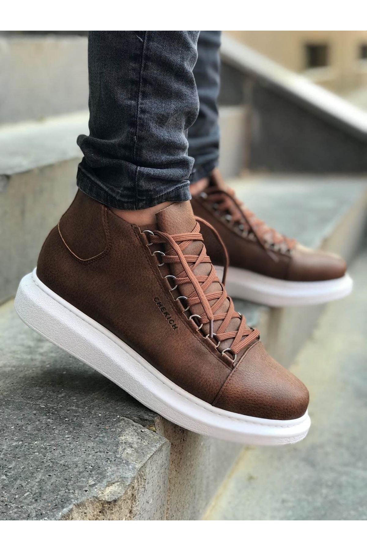 Chekich Men's Shoes Brown-Tan Non Leather Spring & Autumn Seasons Lace-Up Shoes Snow Ankle White Outsole Solid Unisex Women Boot Odorless High Top Unisex Big Sizes Footwear Daily Basic Platform Fashion Band CH258 V7