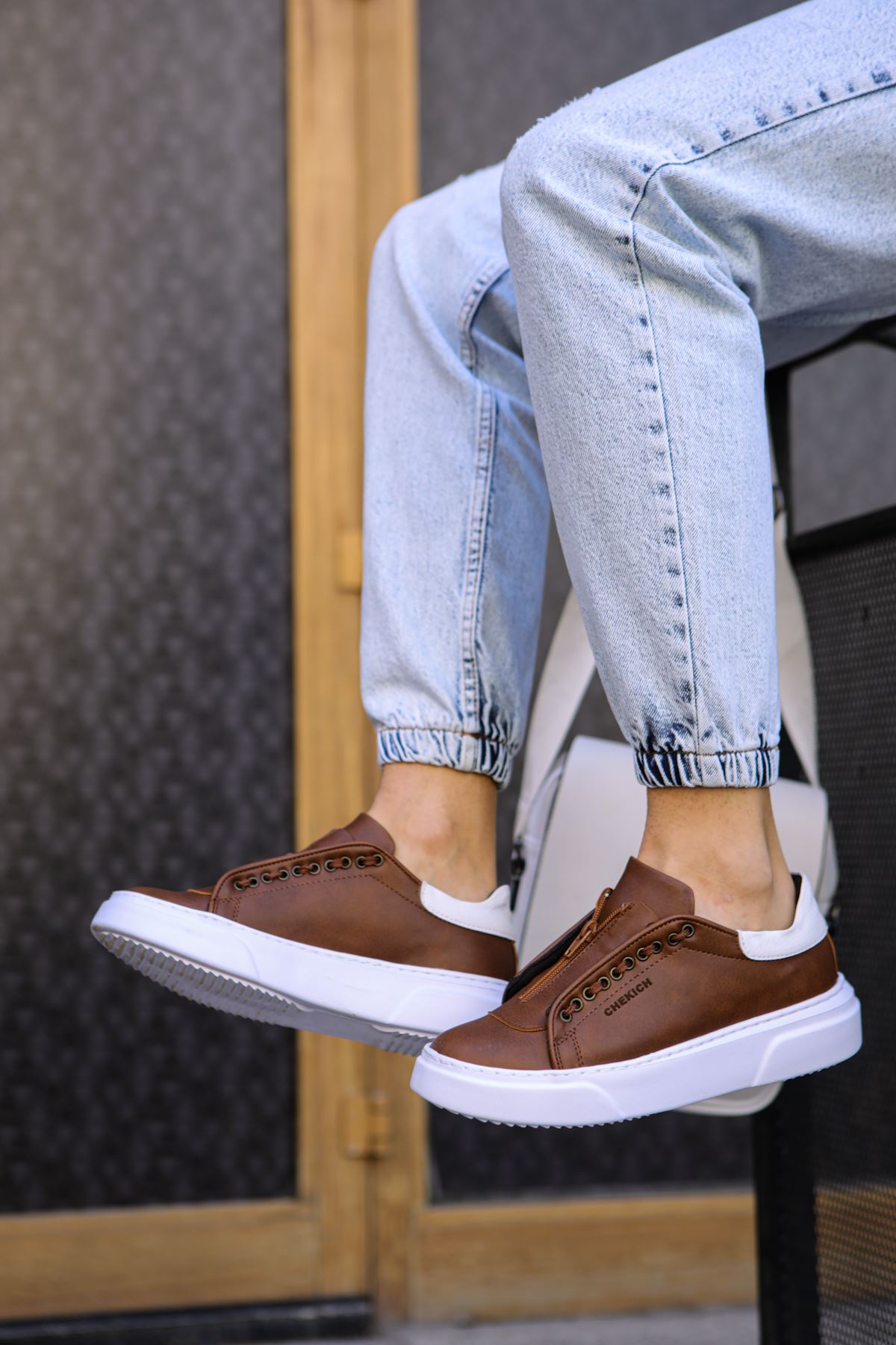 Chekich Men's Shoes Tan and White Sneakers Artificial Leather Spring Fall 2021 Season Zipper Casual Sport Original Vulcanized Breathable Lightweight Brown Sneakers Odorless Hot Sale Comfortable Footwear Hiking CH092 V1