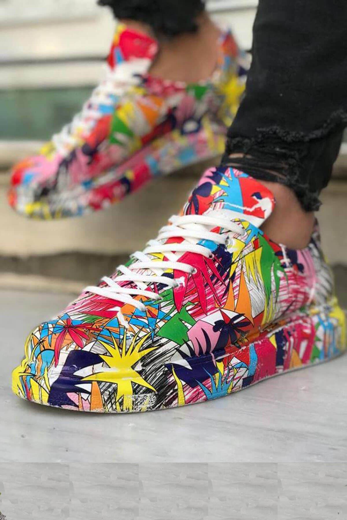 Chekich Men & Women Shoes Colorful Printed Faux Leather Unisex Sneakers Lace Up Summer Pattern Orthopedic Skate Board Style Couples Lovers Sport Comfortable Lightweight Casual Fashion Odorless Breathable Adult CH255 V1