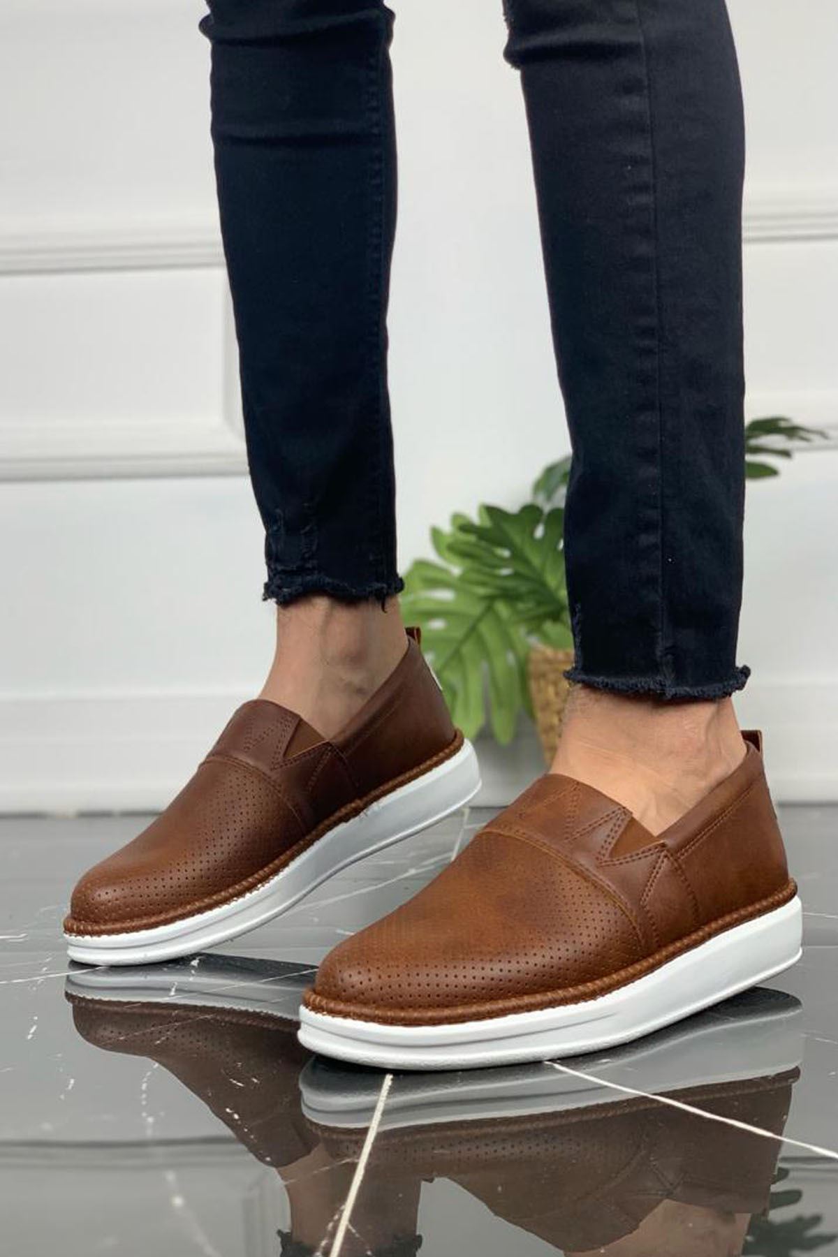 Chekich Men's Shoes Tan Color Artificial Leather Slip On Spring and Fall Seasons Sneakers Casual Brown Breathable Lightweight Luxury Comfortable White Base High Sole Gentlemen Footwear Suits Solid Walking CH091 V5