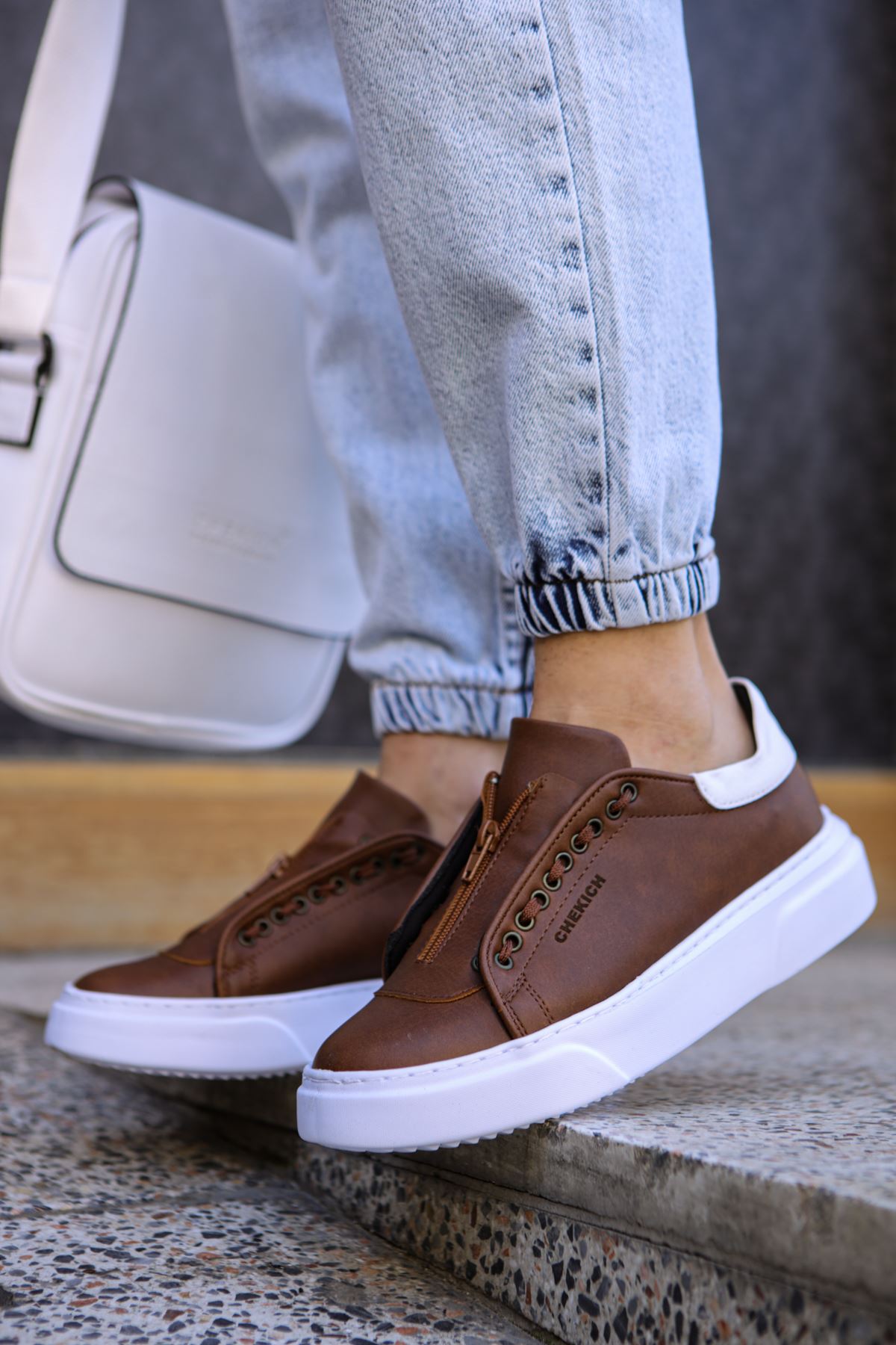 Chekich Men's Shoes Tan and White Sneakers Artificial Leather Spring Fall 2021 Season Zipper Casual Sport Original Vulcanized Breathable Lightweight Brown Sneakers Odorless Hot Sale Comfortable Footwear Hiking CH092 V1