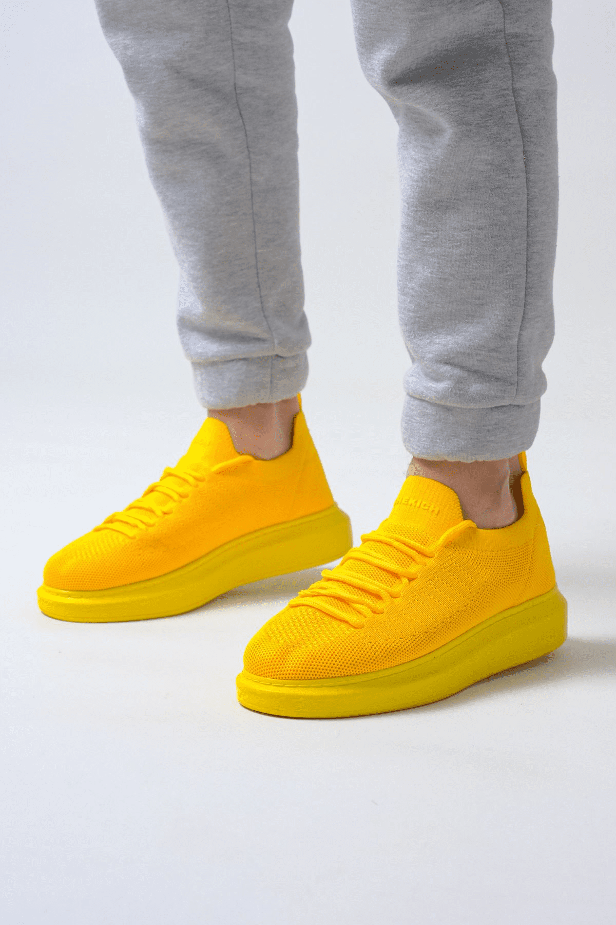 Chekich Casual Men's Shoes Yellow Color Lace-Up Knitting Fabric Material High White Sole Summer Spring Season Sneakers CH307 BT
