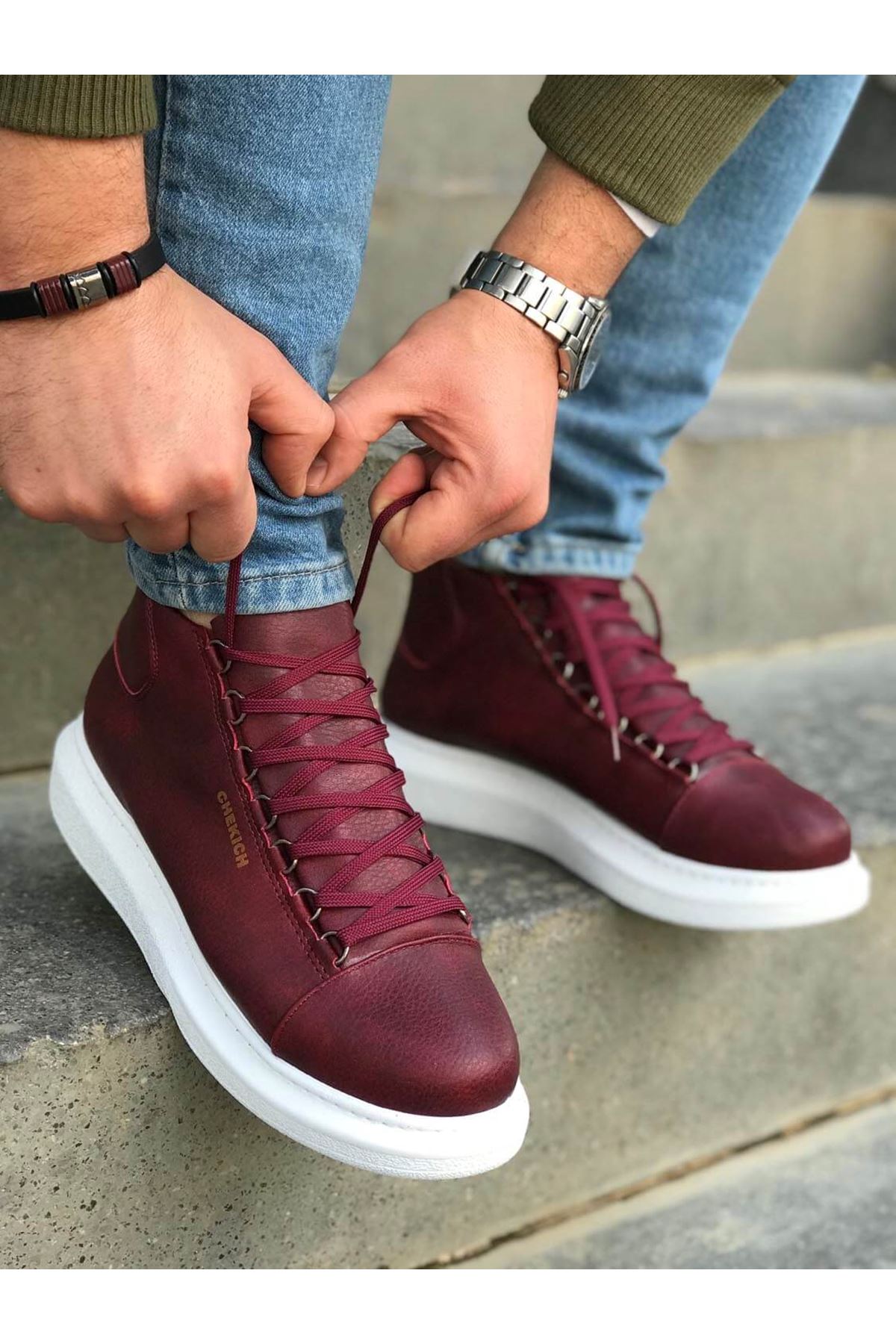 Chekich Men's and Women's Shoes Claret Red Faux Leather Fall Season Lace Up Unisex Sneakers Comfortable Ankle Gentlemen's Fashion Office Trekking Outdoor Light Odorless Breathable Warm Boots Non Slip Snow CH258 V2