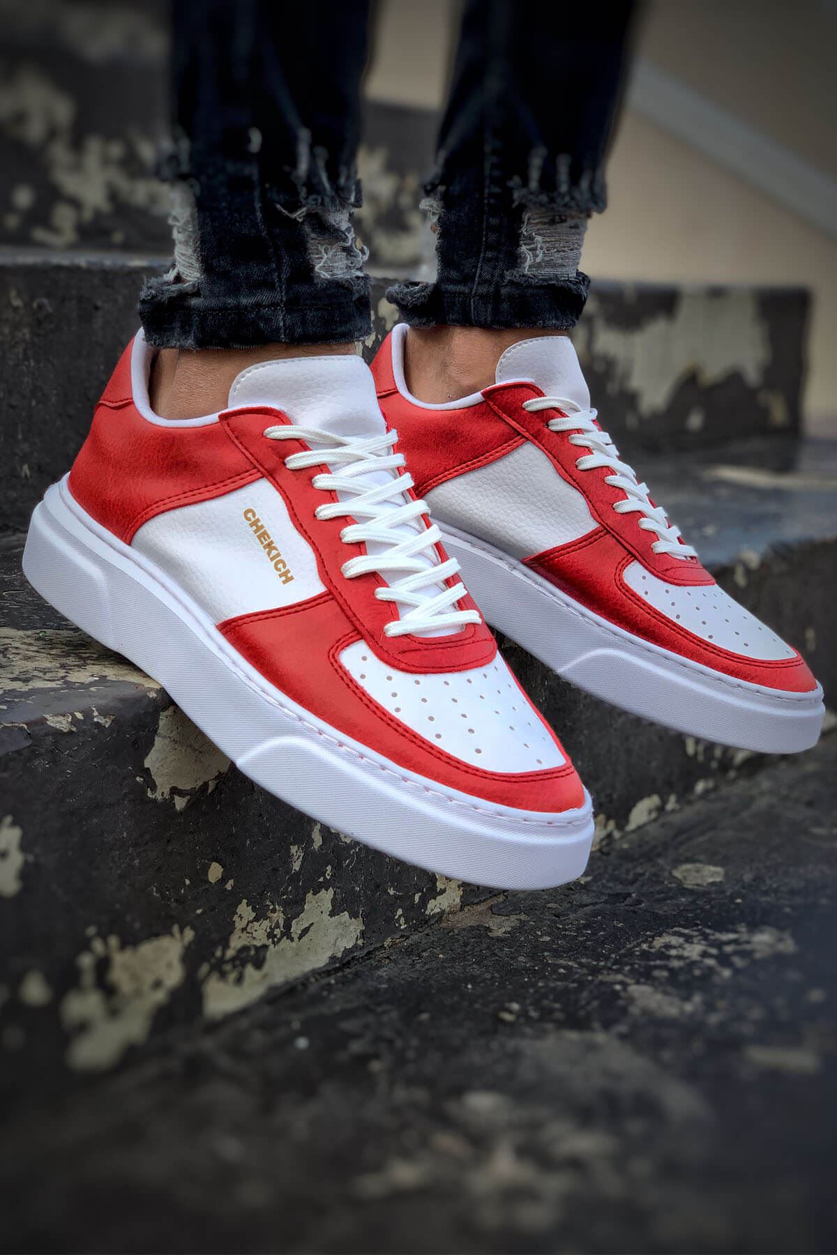 Chekich Men's Shoes Red and White Artificial Leather Lace Up Mixed Color Spring Autumn Casual Comfortable Flexible Fashion Daily Wedding Orthopedic Walking Sport Lightweight Sneakers Running Breathable Skateboard CH087