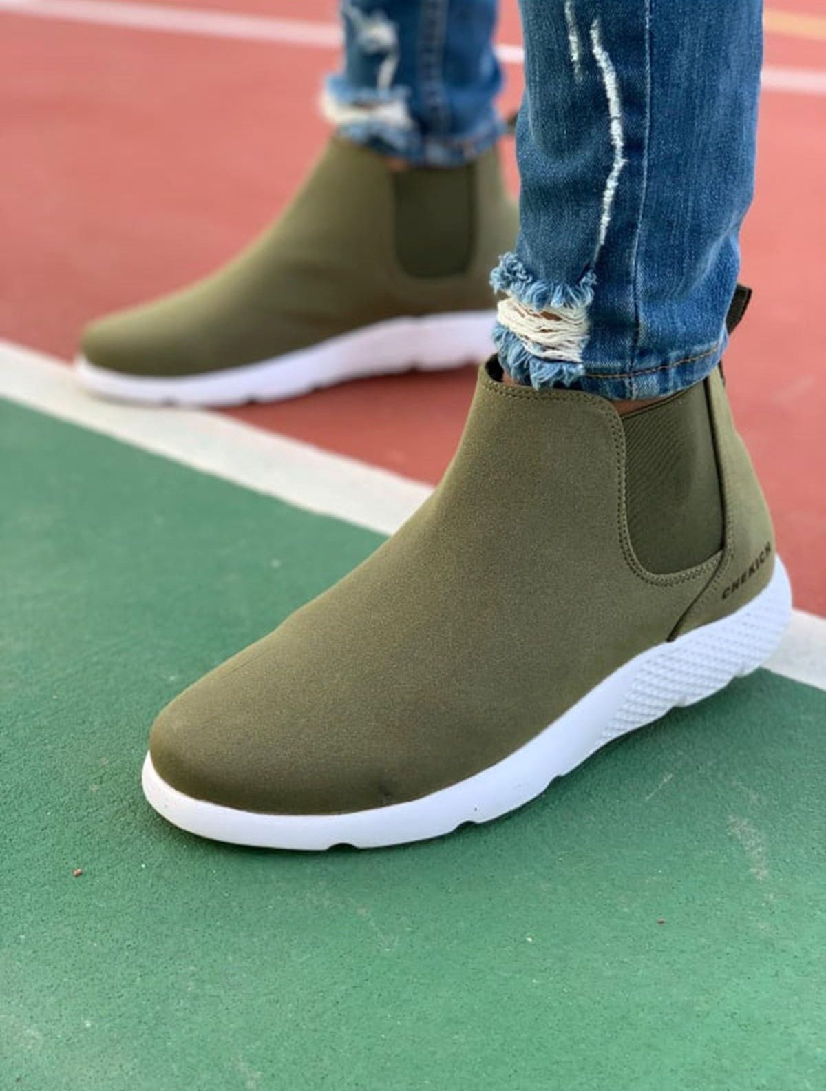 Chekich Men's Boots Khaki Color Artificial Leather 2021 Spring and Autumn Seasons Chelsea Shoes Slip On Sneakers Green Wedding Business Office Flat Sewing Comfortable White Base Flexible Outdoor Camping Nature CH049 V4