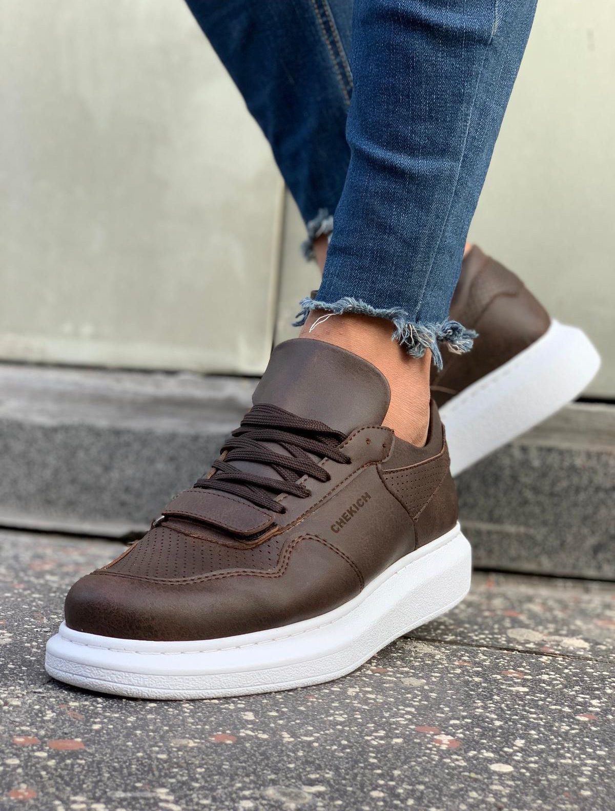 Chekich Men's Shoes Black Color Lace Up Artificial Leather Spring and Autumn Seasons Sneakers Casual Breathable Vulcanized Lightweight Velcro Band Odorless Comfortable Suits Office White High Sole CH073 V6