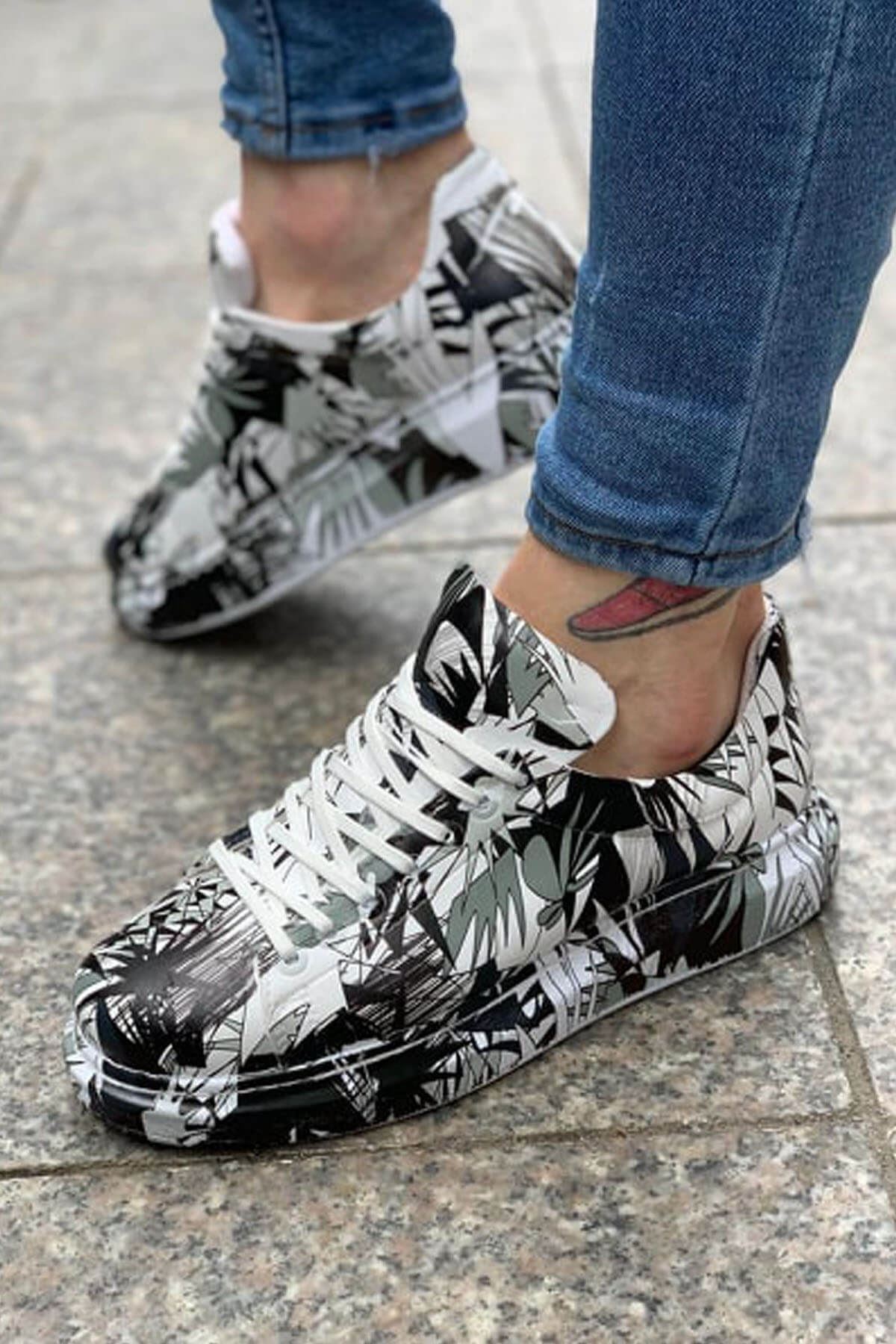 Chekich Men's & Women's Shoes Colorful Pattern on White Artificial Leather Mixed Color Lace Up Print Spring Summer Seasons Unisex Casual Sneakers Street Fashion Daily Odorless High Base Light Skateboard Adult CH255 V9