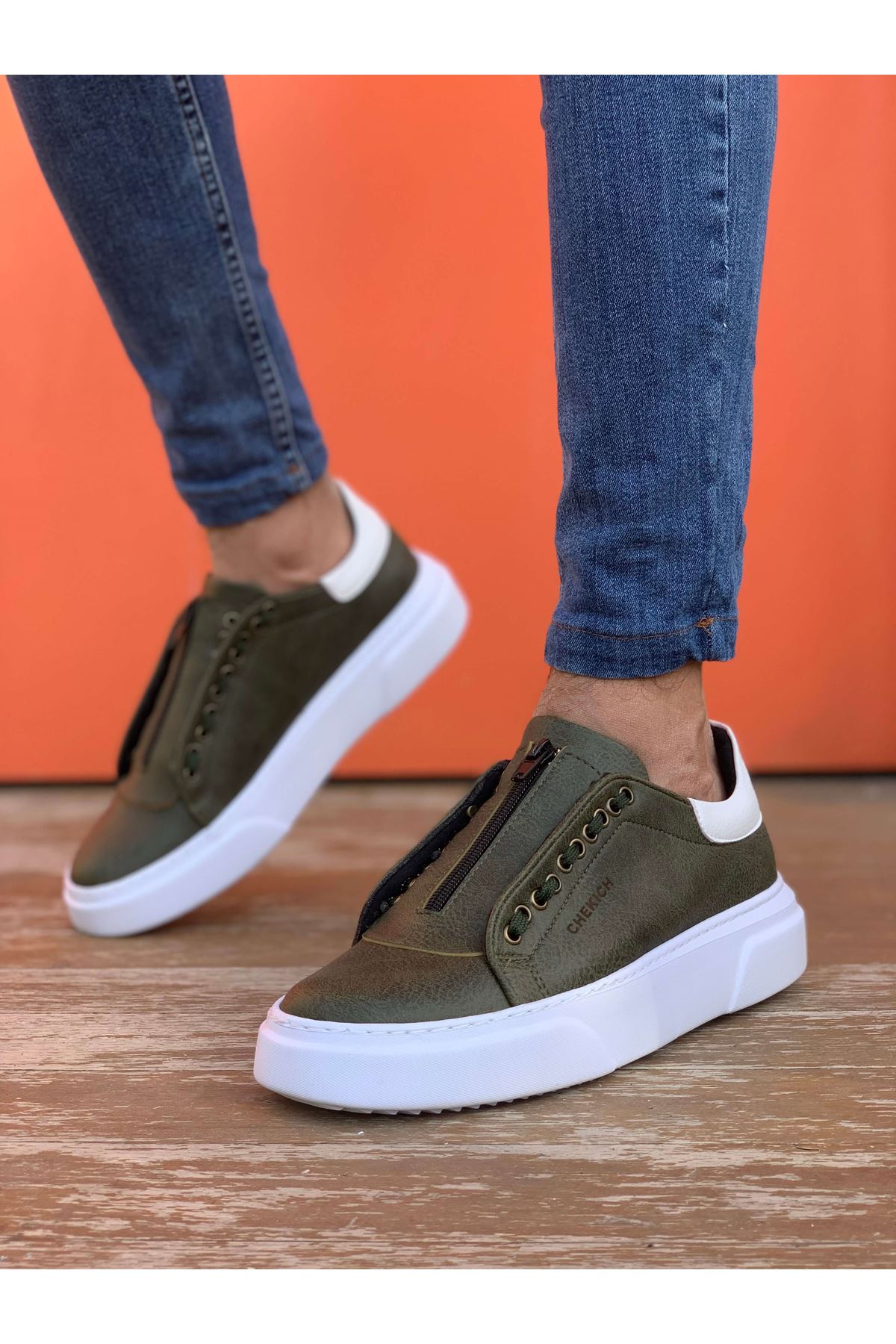 Chekich Men's Shoes Khaki and White Artificial Leather Zipper Closure Mixed Color Sneakers For Autumn Season Casual Sport Breathable Lightweight Green Vulcanized Material Sewing Sole Lace Details New Trend CH092 V7