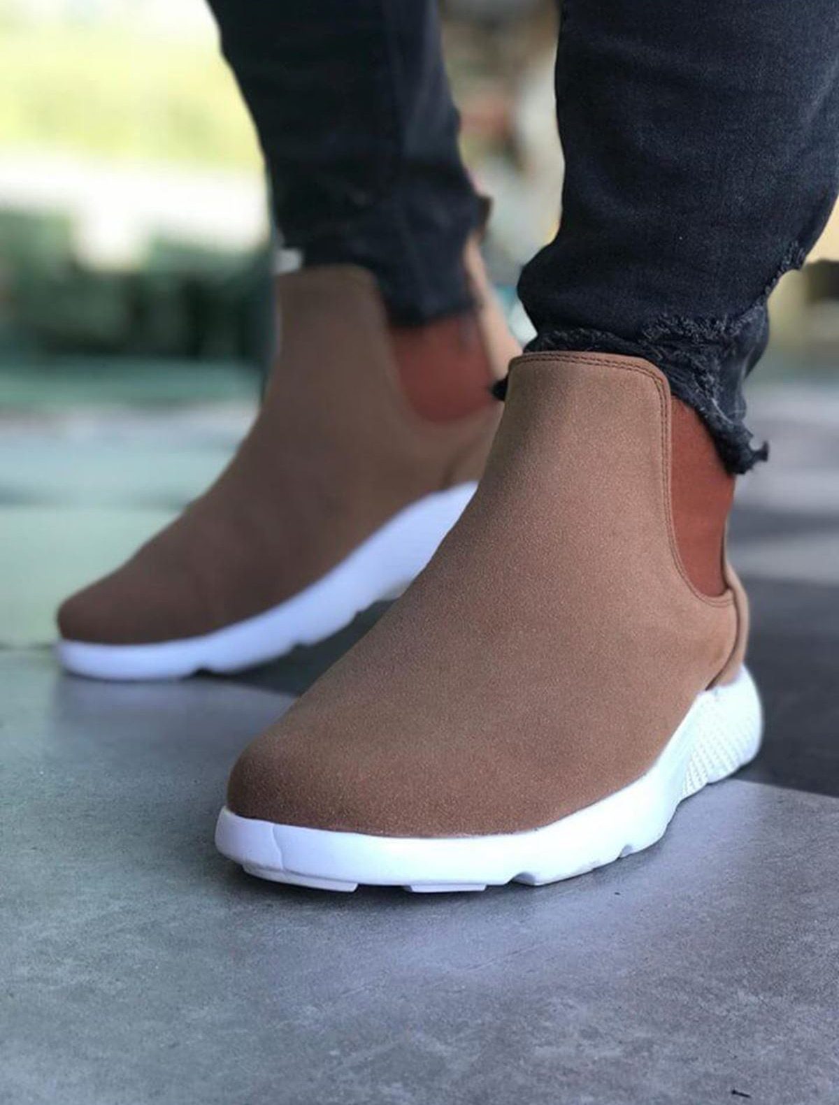 Chekich Men's Boots Khaki Color Artificial Leather 2021 Spring and Autumn Seasons Chelsea Shoes Slip On Sneakers Green Wedding Business Office Flat Sewing Comfortable White Base Flexible Outdoor Camping Nature CH049 V4
