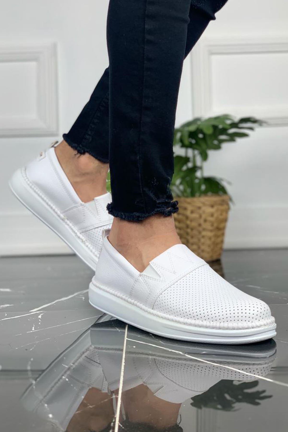 Chekich Men's Shoes White Colors Artificial Leather Slip On Summer Season Sneakers Casual Sport Walking Original Vulcanized Material Breathable Sewing Sole Lightweight Comfortable Footwear Wedding Office Flats CH091 V1