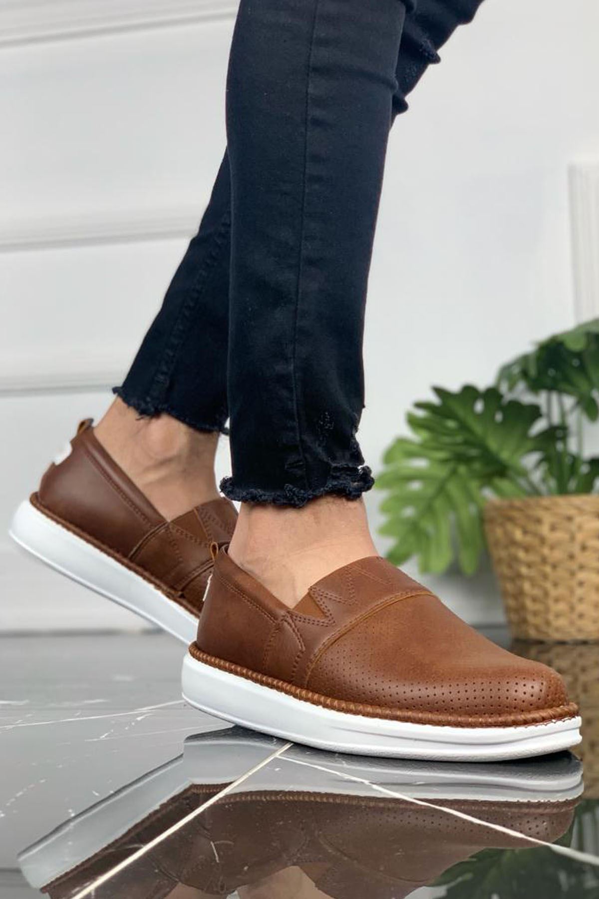 Chekich Men's Shoes Tan Color Artificial Leather Slip On Spring and Fall Seasons Sneakers Casual Brown Breathable Lightweight Luxury Comfortable White Base High Sole Gentlemen Footwear Suits Solid Walking CH091 V5