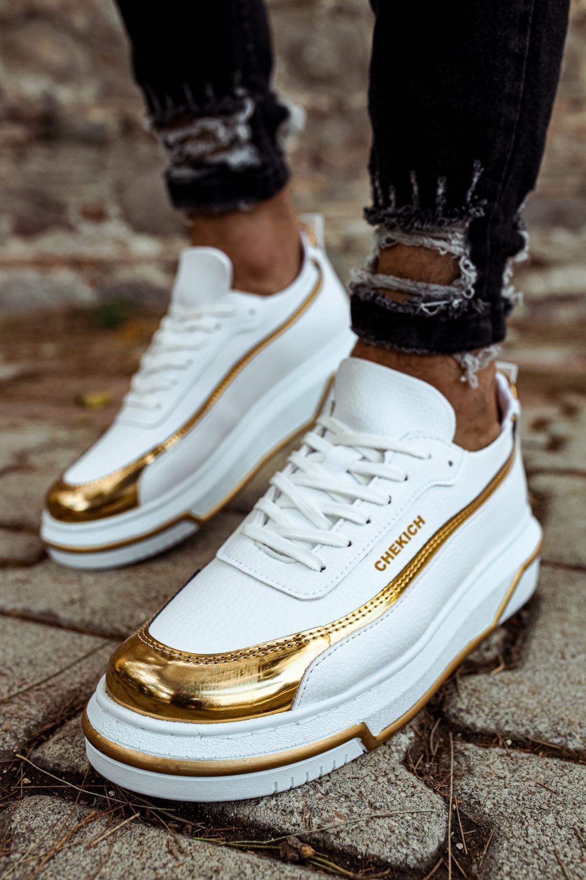 Chekich Men's & Women's Casual Shoes White - Yellow Color Artificial Leather Lace Up Casual Shoes Spring and Autumn Seasons Luxury Gold Lovers Orthopedic Sneakers Breathable Lightweight Sport Wedding Formal Suits CH041