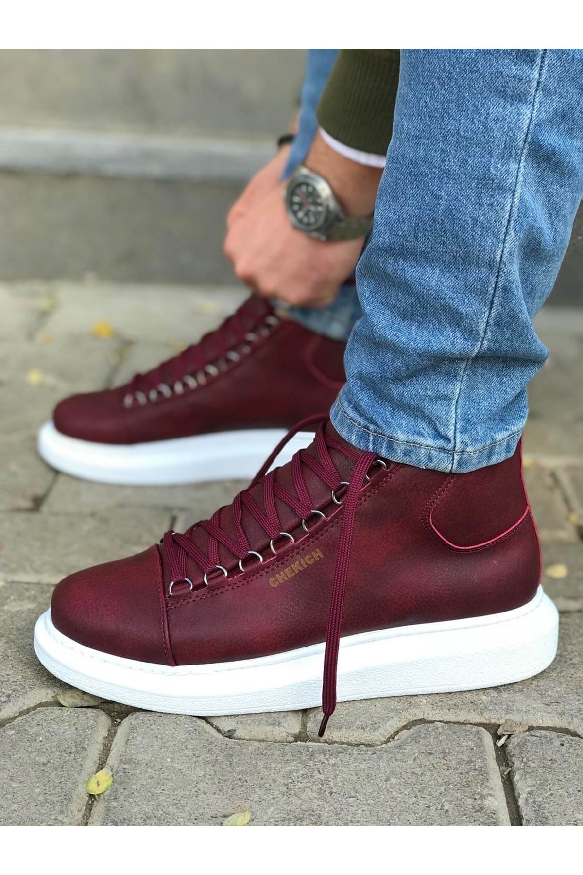 Chekich Men's and Women's Shoes Claret Red Faux Leather Fall Season Lace Up Unisex Sneakers Comfortable Ankle Gentlemen's Fashion Office Trekking Outdoor Light Odorless Breathable Warm Boots Non Slip Snow CH258 V2