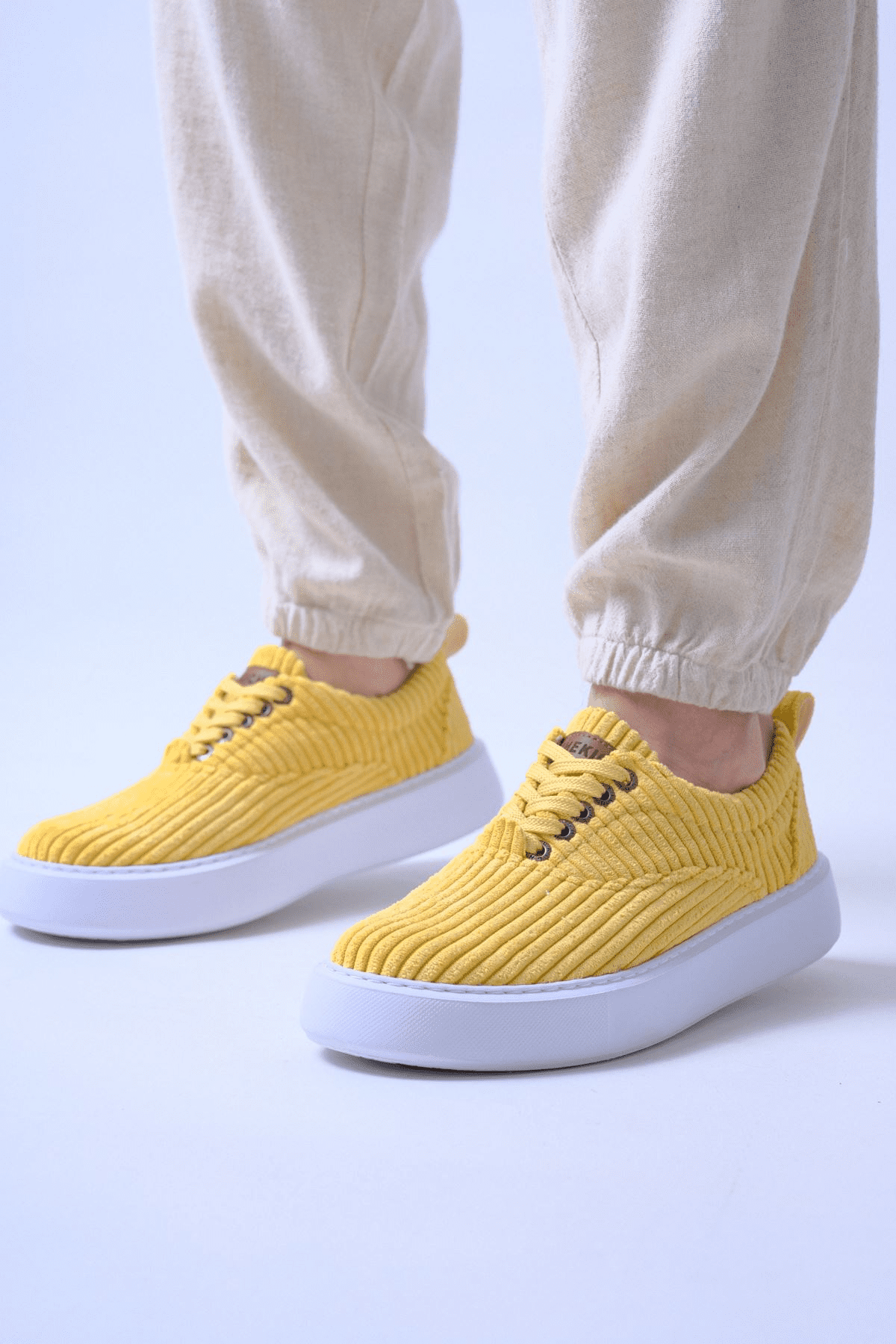 Chekich Men's Shoes Khaki Color Lace-Up Closure Knit Fabric Material Stitched Sole Flexible Lightweight Casual Sneakers CH173 BT