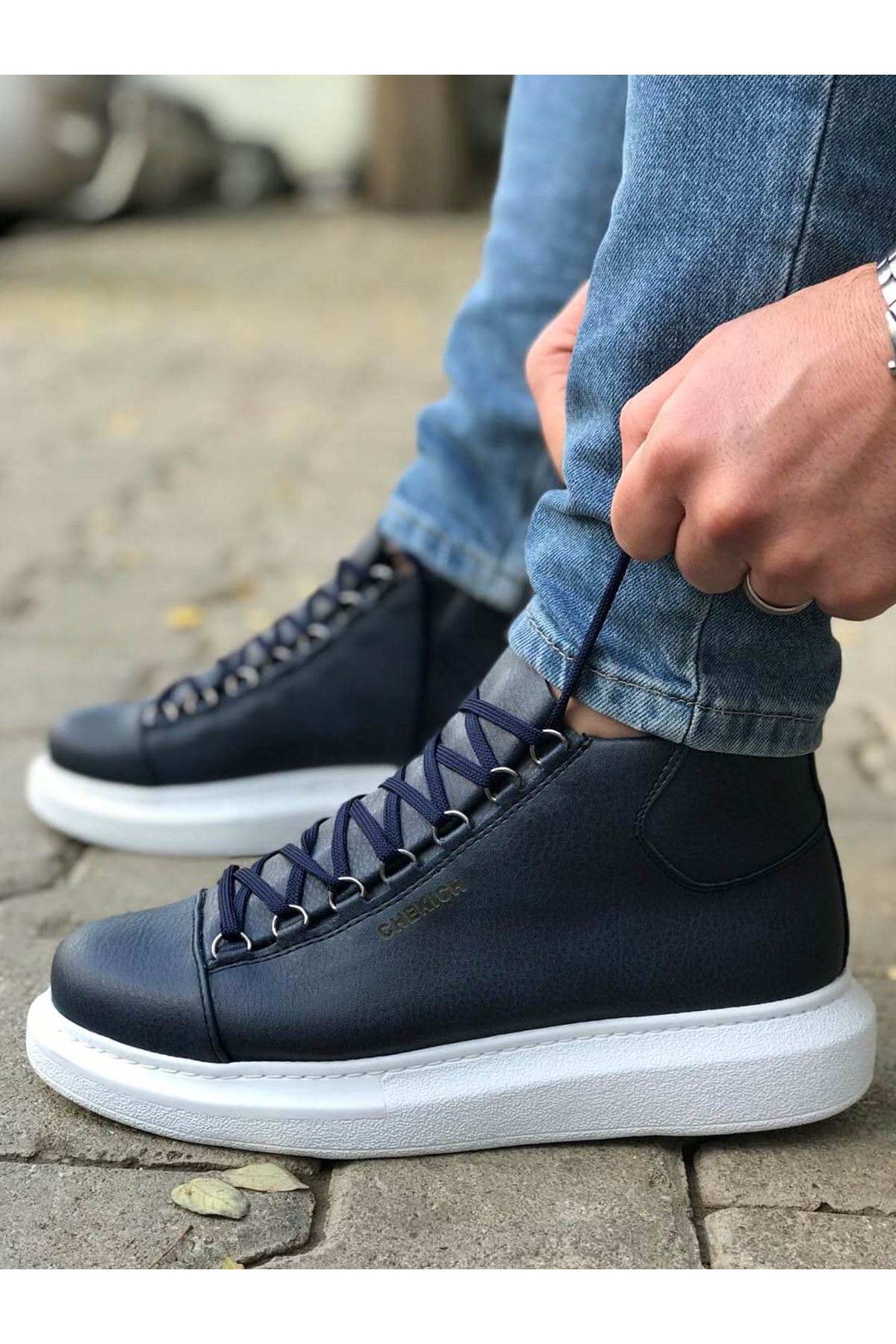 Chekich Men's and Women's Shoes Navy Blue Artificial Leather Winter Fall Seasons Lace Up Sneakers Comfortable Ankle Gentlemens & Ladies Fashion Boots Flexible Footwear Flat Wedding New Trends Travel Plus Size CH258 V4