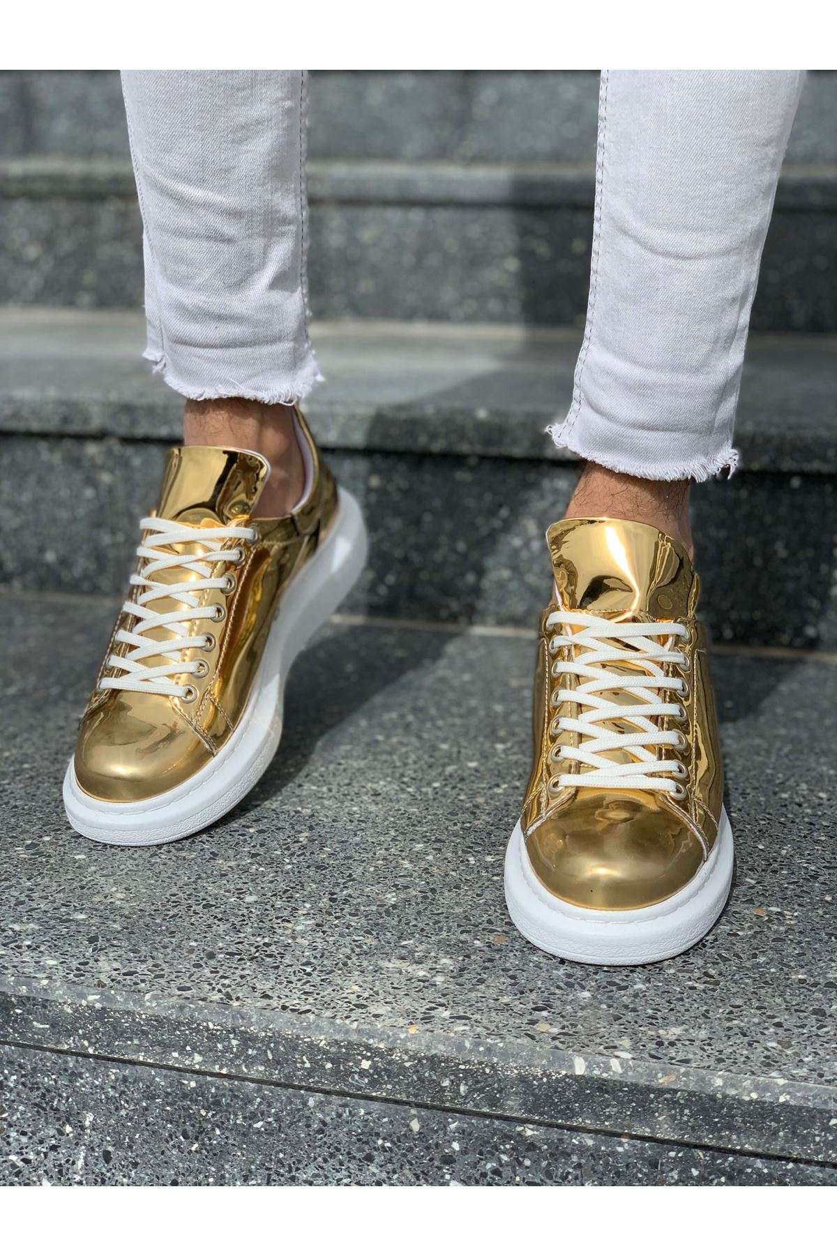 Chekich Men's Shoes Gold Color Polished Non Leather Lace Up Luxury Hot Sale Summer Autumn Yellow Mirror Flexible Sneakers Office Daily Odorless Walking Sport Light Breathable Air White Sewing Sole Vulcanized New CH260