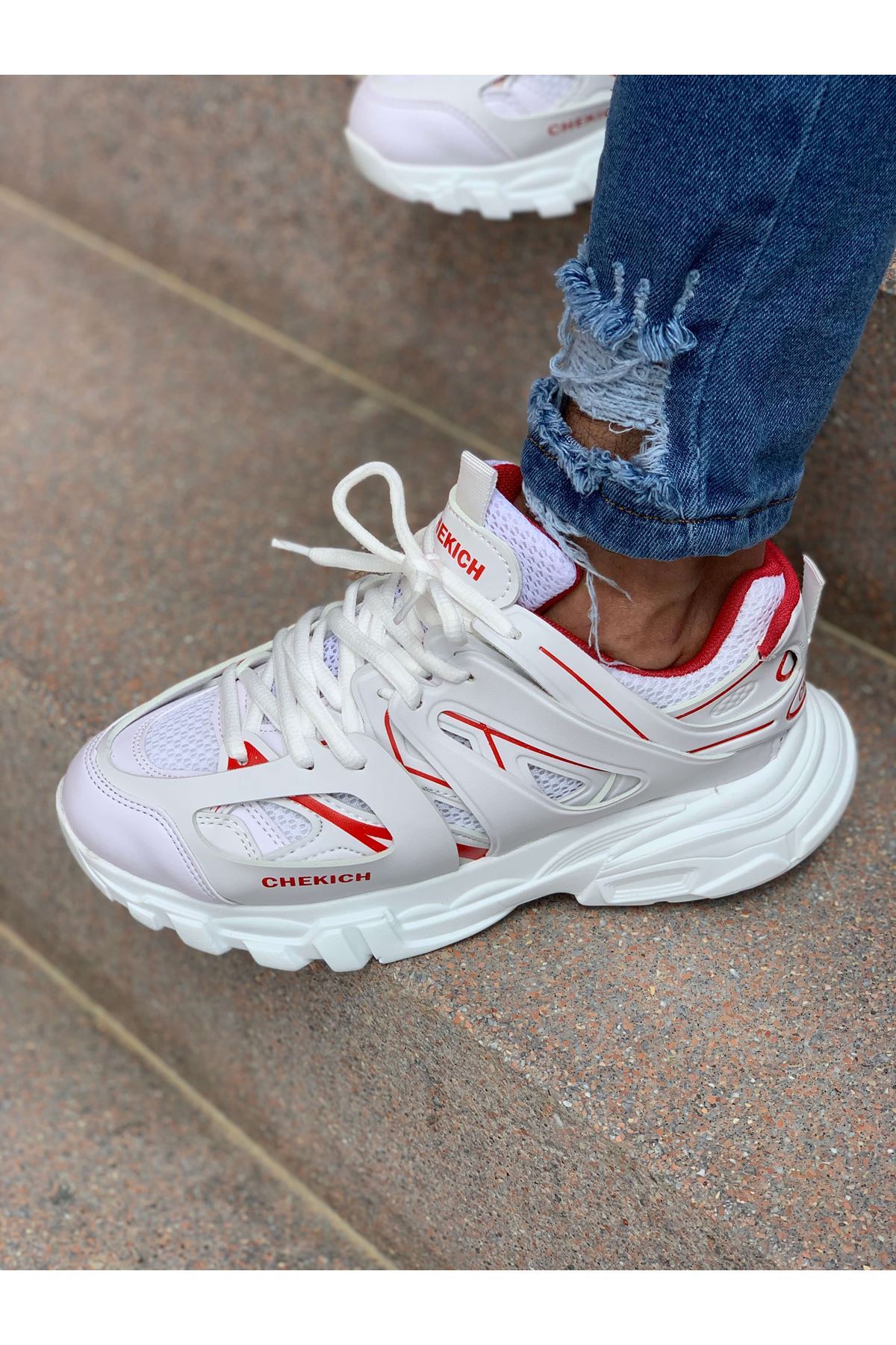 Chekich Men's Shoes White Red Artificial Leather Summer Season Lace Up Sneakers Mixed Color Casual Comfortable Training Flexible Orthopedic Sportive Lightweight High Outsole New Arrival Breathable Outdoor Male CH301 V4