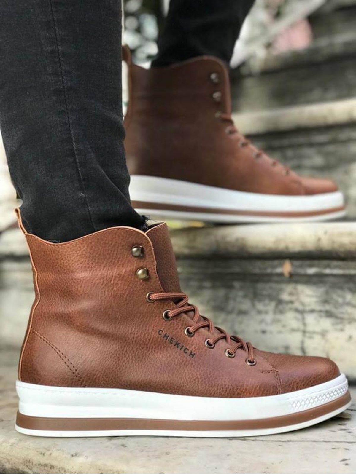 Chekich Brand Tan Color Artificial Leather Men Boots Winter Snow Lace Up Boots Leather Brown Sneakers Super Warm Outdoor Male Lightweight Breathable Odorless Short Safety Footwear Hiking Sport Comfortable Sewing CH055