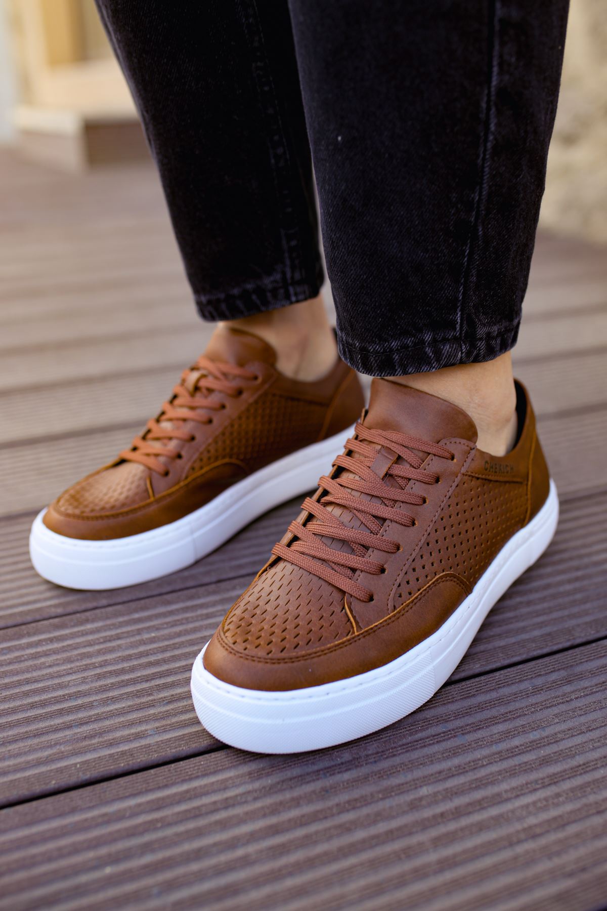 Chekich Shoes for Men Brown Artificial Leather 2021 Fall Season Casual Comfortable Flexible Fashion Sneakers Wedding Orthopedic Walking Odorless High and White Outsole Sport Lightweight Running Breathable CH015 V7