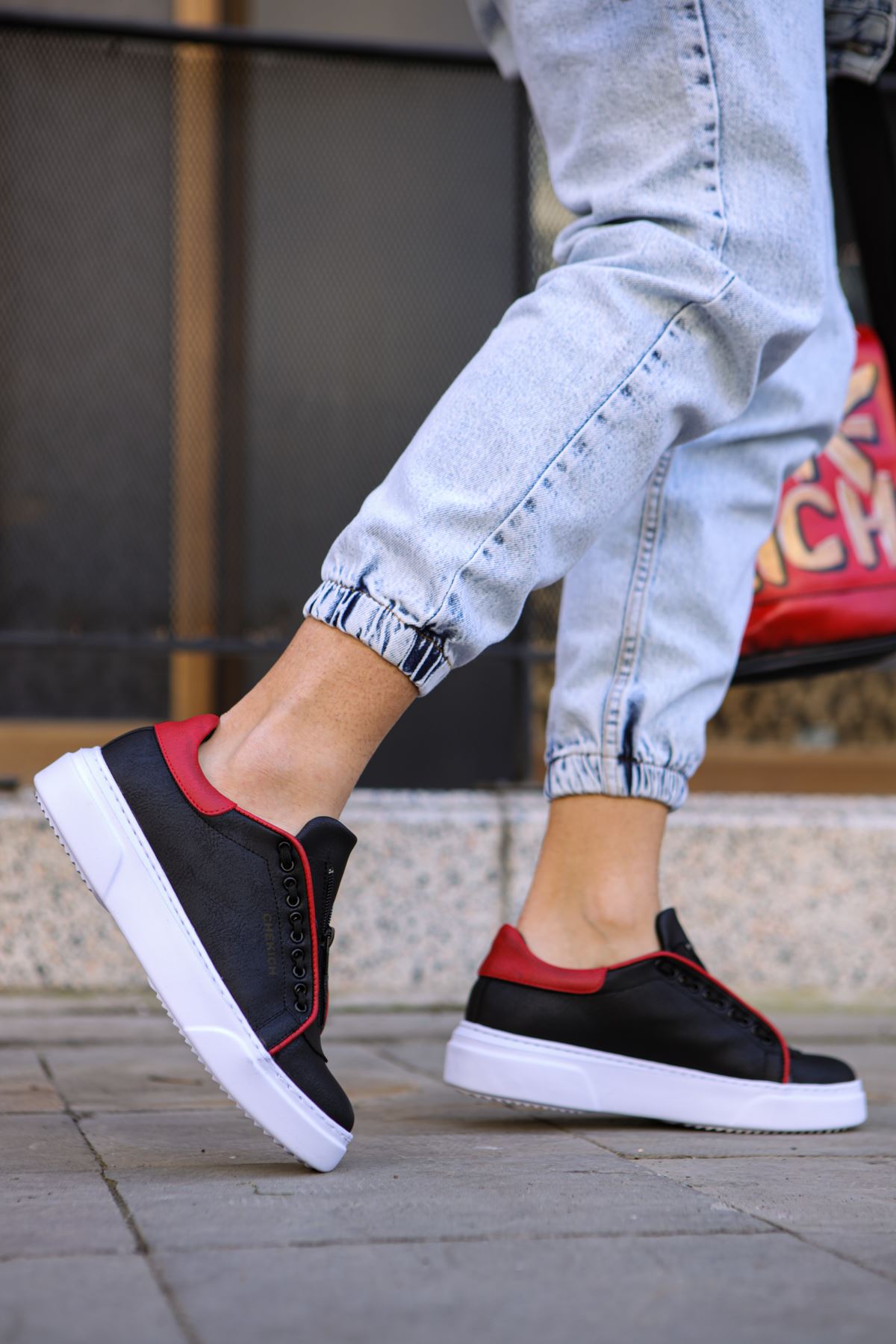 Chekich Men's Shoes Red and Black Sneakers Artificial Leather Spring Autumn Season Zipper Casual Sport Shoe Walking Running Original Vulcanized Breathable Lightweight Sneakers Hot Sale Comfortable Footwear Hiking CH092