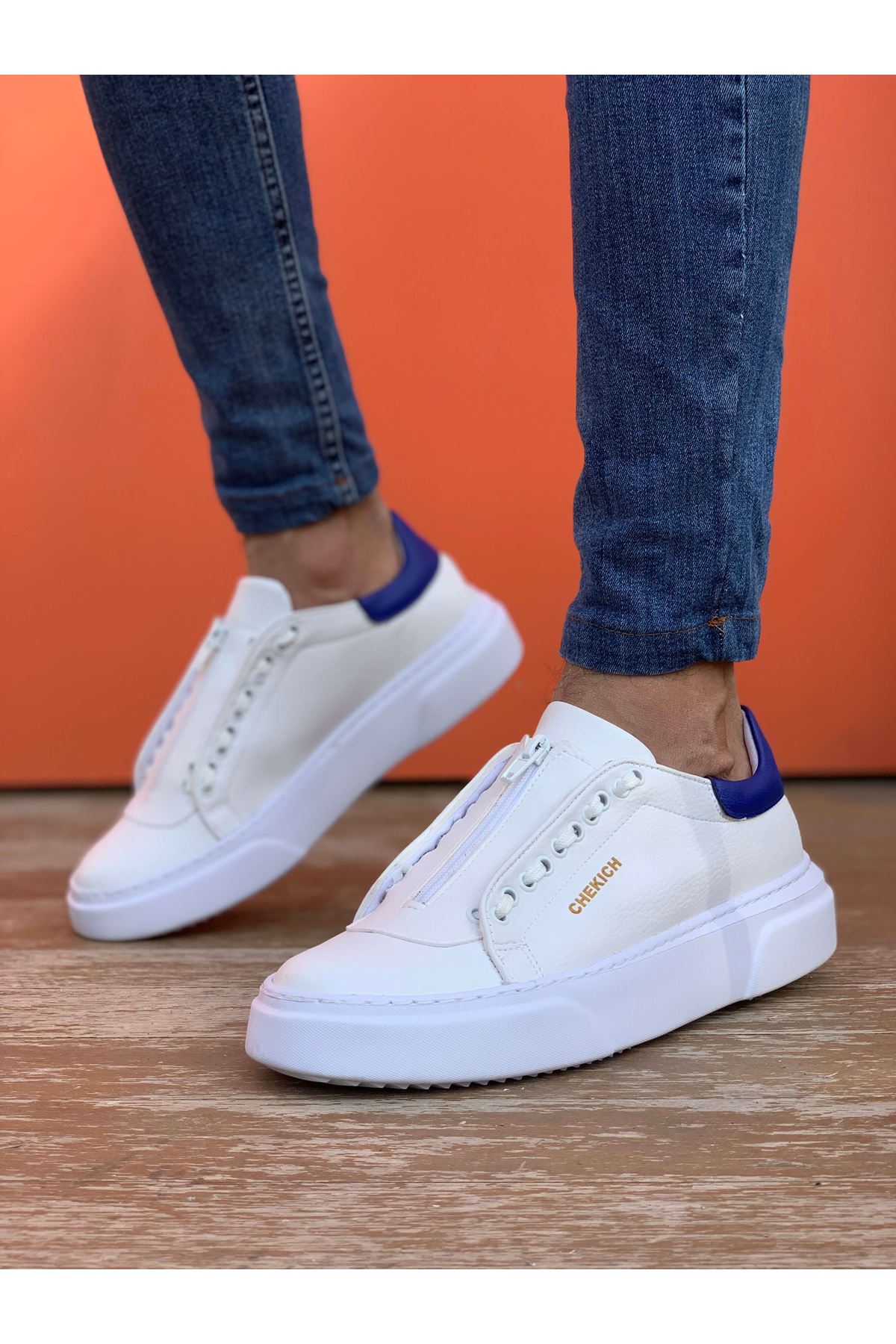 Chekich Men's Shoes White and Yellow Artificial Leather Zipper Closure Mixed Color Sneakers For Spring Season Casual Sport Breathable Light Flexible Air Vulcanized Sewing Base Lace Details New Orange Office CH092 V6