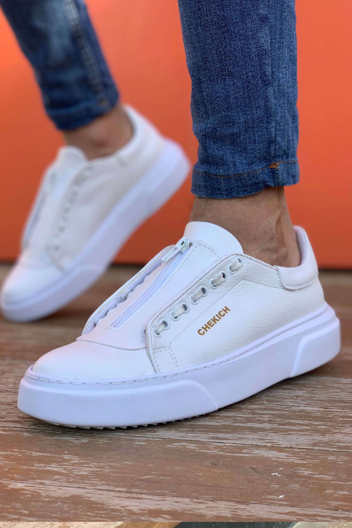 Chekich Men's Shoes White and Yellow Artificial Leather Zipper Closure Mixed Color Sneakers For Spring Season Casual Sport Breathable Light Flexible Air Vulcanized Sewing Base Lace Details New Orange Office CH092 V6