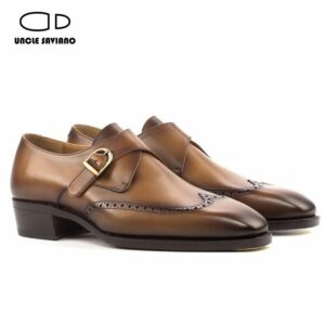 Uncle Saviano Brogue Single Monk Strap Shoes Men Fashion Handmade Luxury Designer Genuine Leather Office Formal