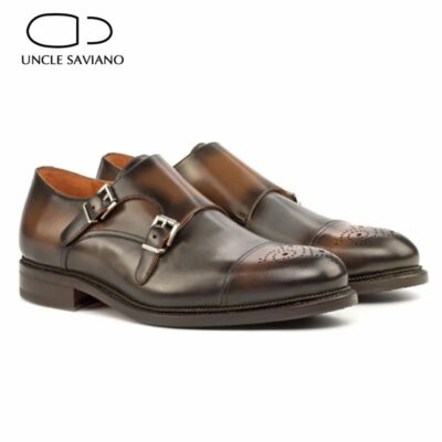 Uncle Saviano Double Monk Brown Buckle Strap Mens Shoes Fashion Solid Designer Luxury Genuine Leather Handmade