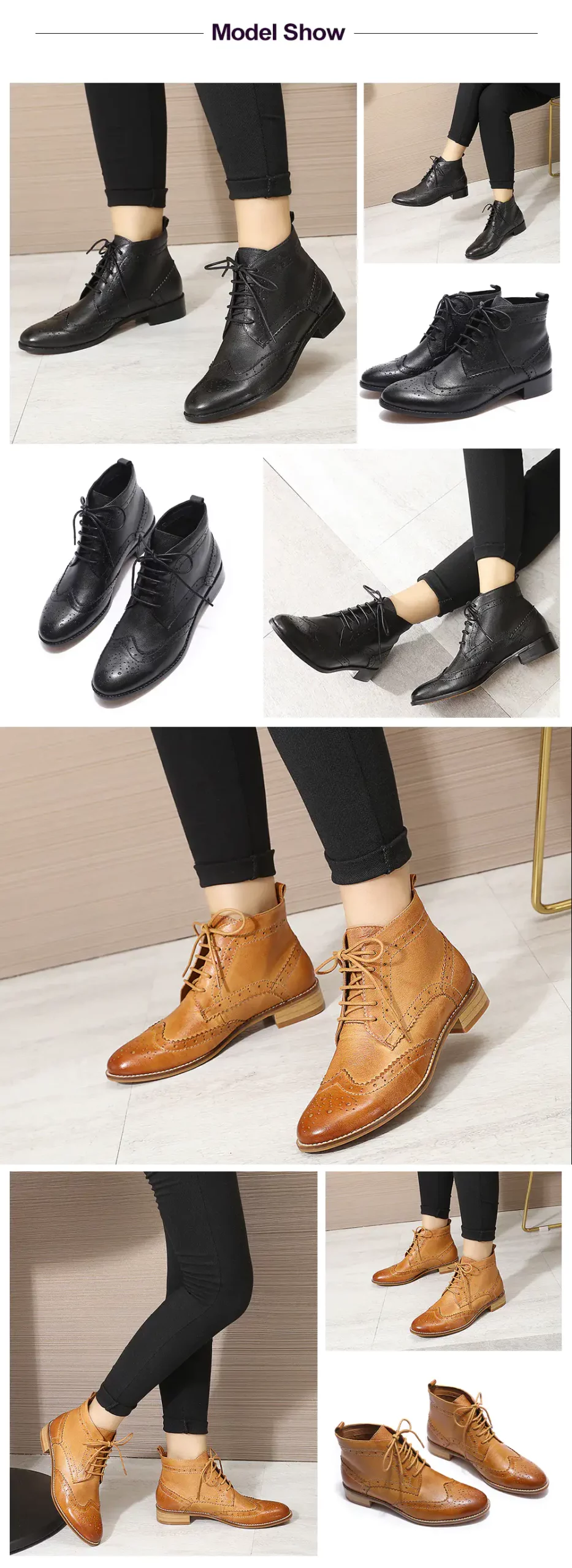 Mona flying Woman Genuine Leather Wingtips Boots Ankle Heels Fashion Lace up Booties with Low Heel For women Ladies 068-65