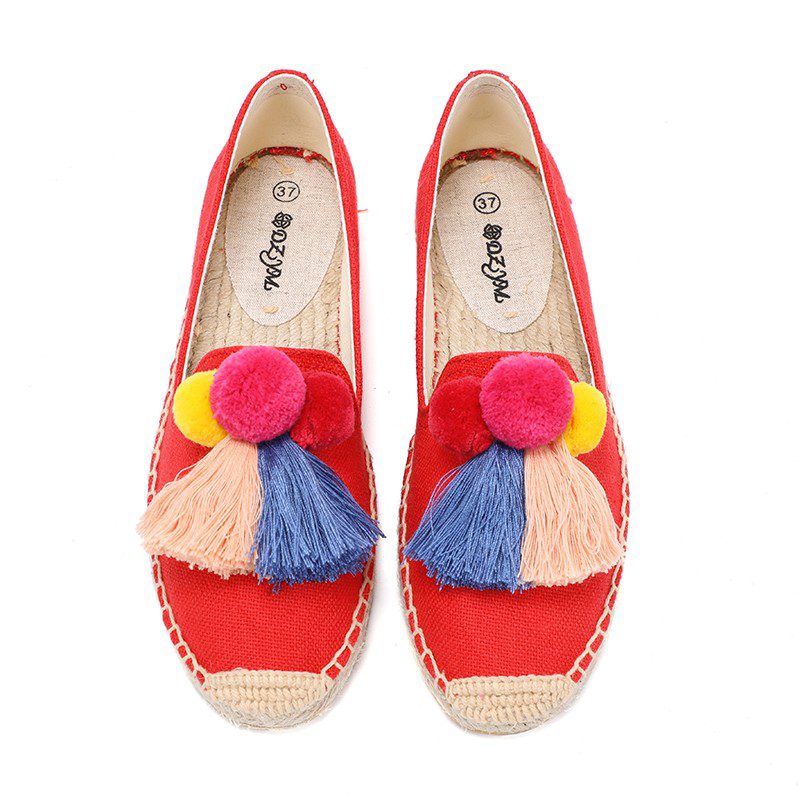 Ladies flat fashion hair ball flat shoes retro all-match breathable linen women's laces fringed thick-soled espadrilles
