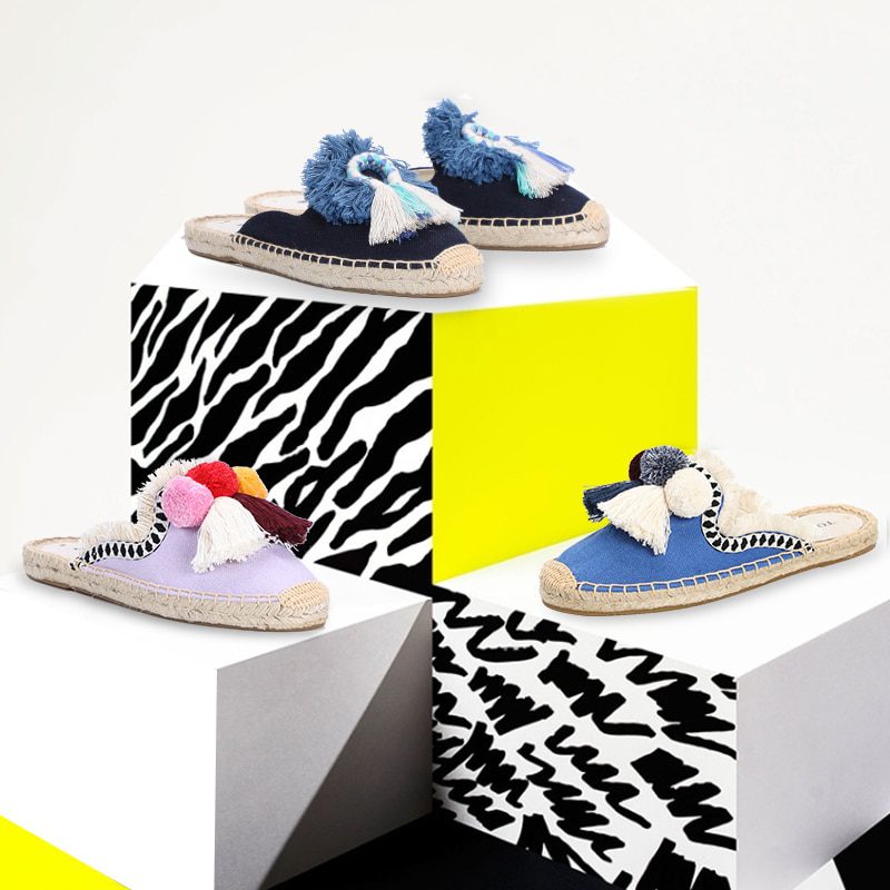 Women's Shoes Espadrilles 2021 Sale Unicornio Furry Slippers Rubber Hemp Colors Spring Summer Fluffy Ball Mule Slides