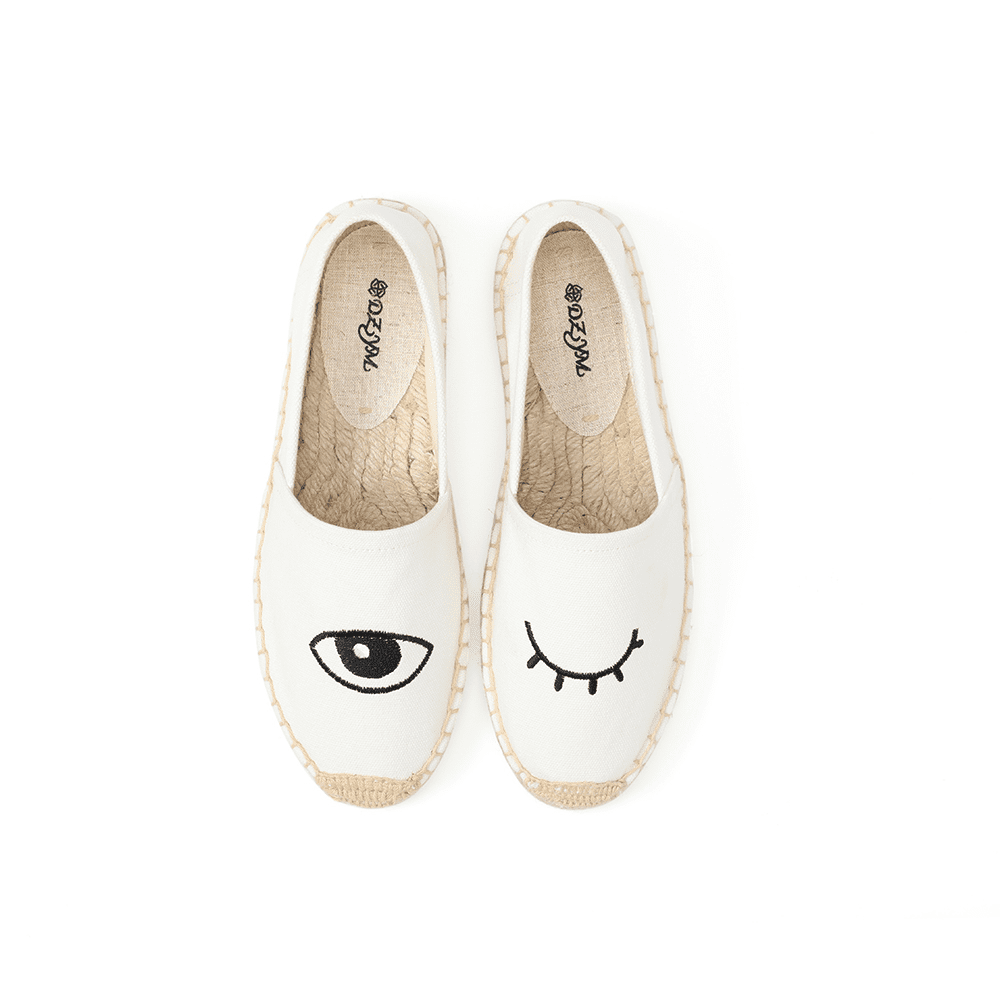 Personalized eyes embroidery straw shoes ladies casual flat comfortable espadrilles one-legged lazy shoes