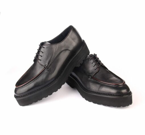 Handmade Black Casual Derby Shoes with Height Increasing Lightweight EVA Sole (4 cm), Genuine Calf Skin Leather, Men's Fashion