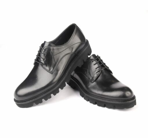 Handmade Black Casual Derby Shoes with Height Increasing Lightweight EVA Sole, Matte Patent Leather, Real Calf Skin, Men's