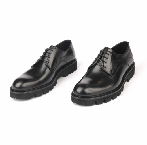 Handmade Black Casual Derby Shoes with Height Increasing Lightweight EVA Sole, Matte Patent Leather, Real Calf Skin, Men's