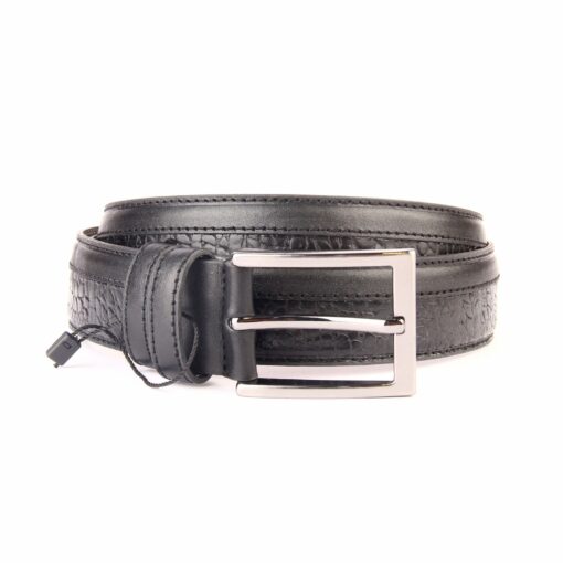 Handmade Black Leather Belt with Real Calfskin, Dark & Light Brown, Embossed Pattern, Men's Classic Fashion Accessories