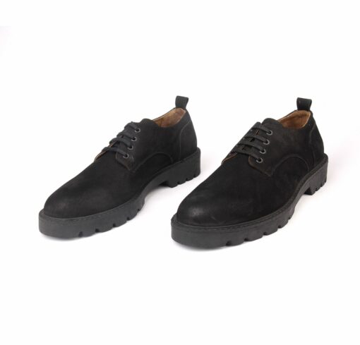 Handmade Casual Derby Shoes with Black Calf Nubuk Suede & Leather, Height Increasing Matte Rubber Sole, Men's Comfort Fashion