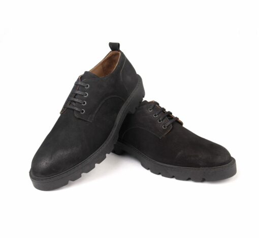 Handmade Casual Derby Shoes with Black Calf Nubuk Suede & Leather, Height Increasing Matte Rubber Sole, Men's Comfort Fashion