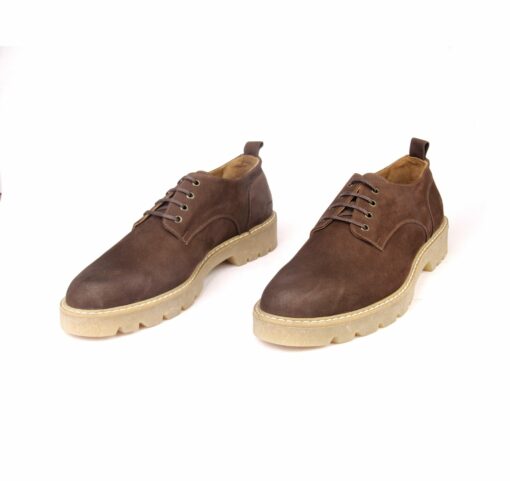Handmade Casual Derby Shoes with Light Bown Camel Calf Nubuk Suede & Leather, Height Increasing Matte Rubber Sole, Men's Comfort