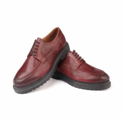 Handmade Casual Derby Shoes with Stingray Patterned Calf Leather, Burgundy Marron Emboss, Height Increasing Lightweight EVA Sole